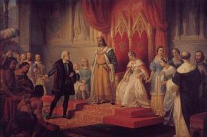 Columbus presents captured people to the King and Queen of Spain